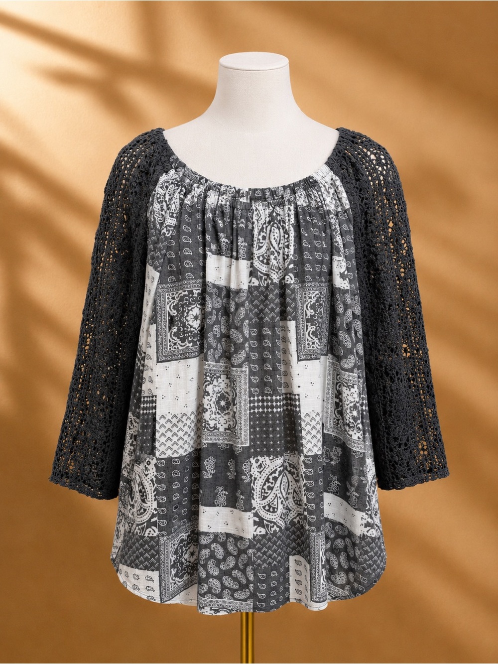 C EST. 1946 Size Medium Boho Patchwork Peasant Tunic with Crochet Sleeves